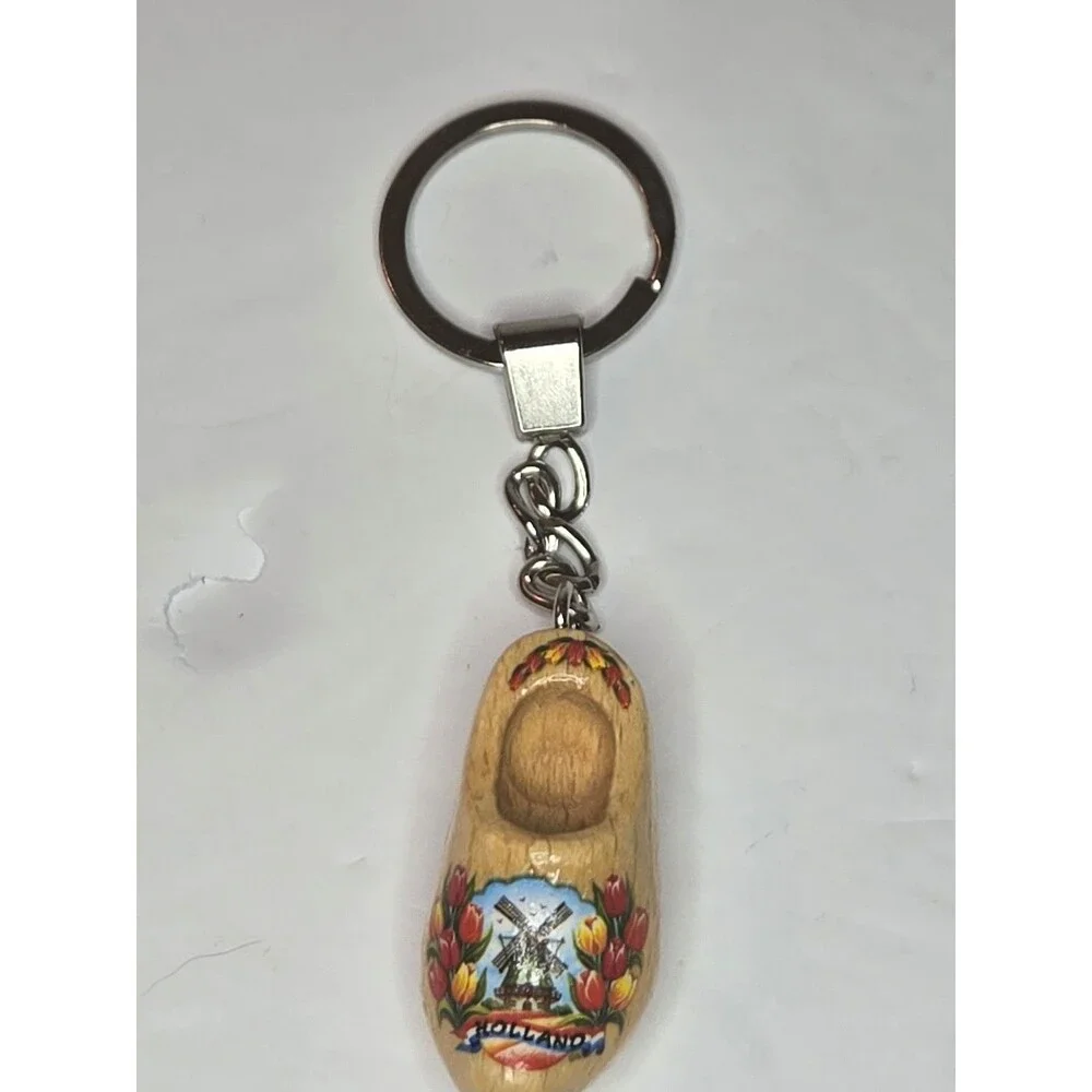 Varnished Tulip Wooden Shoe Keychain Windmill Holland #2
